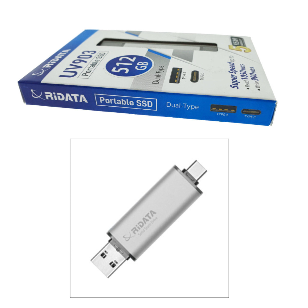 SSD Portabil Extern RiDATA UV903, 512GB, Viteza 1050 MB/s, Dual USB-C si USB-A pentru Laptop, PC, Smartphone, Carcasa Argintie Ultra-Compatibila [3]