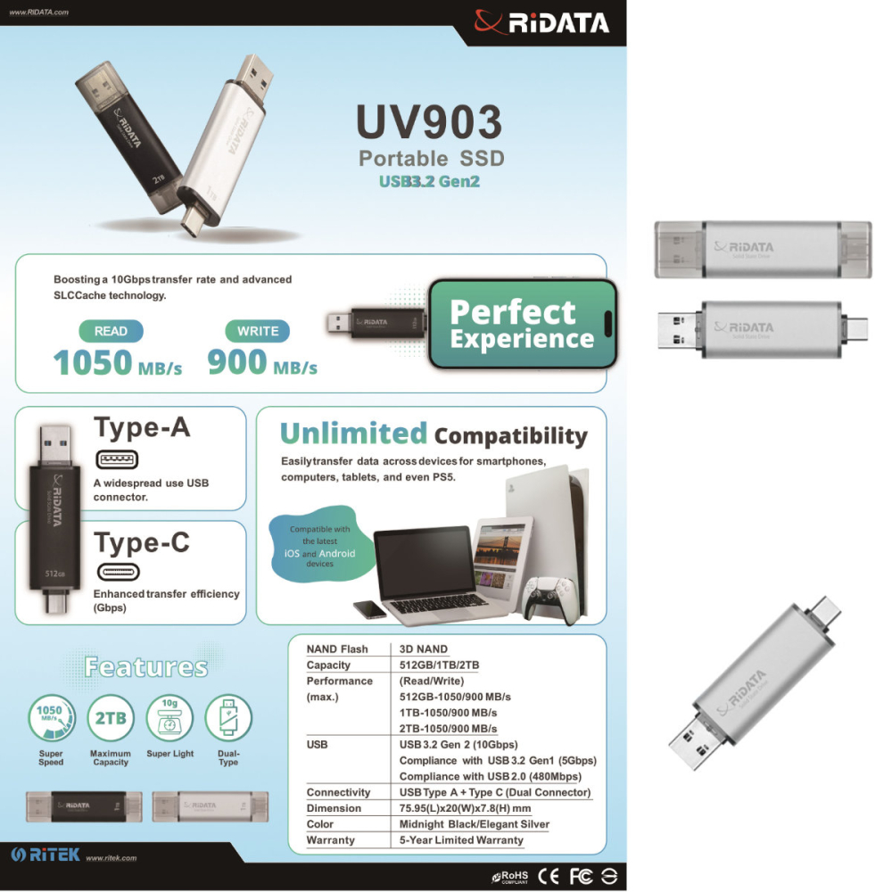 SSD Portabil Extern RiDATA UV903, 512GB, Viteza 1050 MB/s, Dual USB-C si USB-A pentru Laptop, PC, Smartphone, Carcasa Argintie Ultra-Compatibila [4]