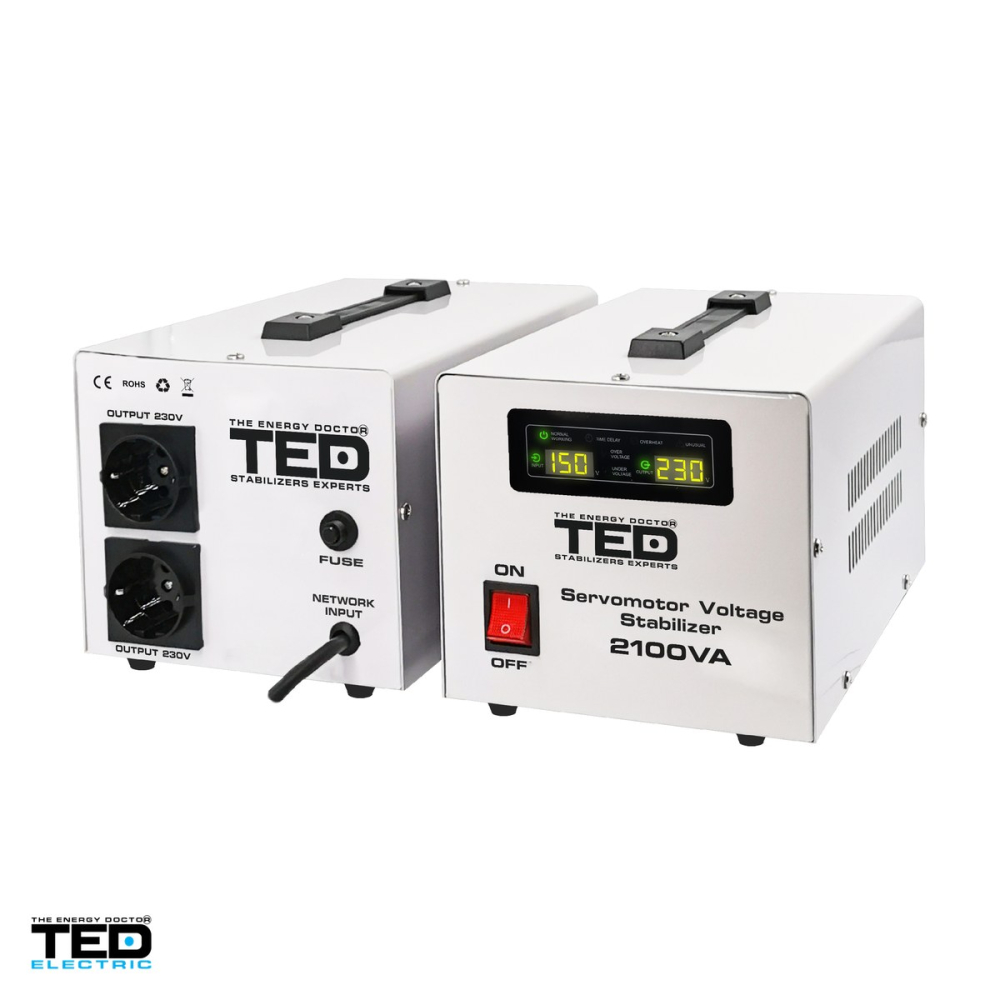 Stabilizator de tensiune monofazat cu servomotor TED Electric TED000132, 2100 VA / 1200 W, iesire 230 V, intrare 130-260 V, precizie +/-2%, 2 prize Schuko, afisaj LCD, 255 x 168 x 146 mm [4]