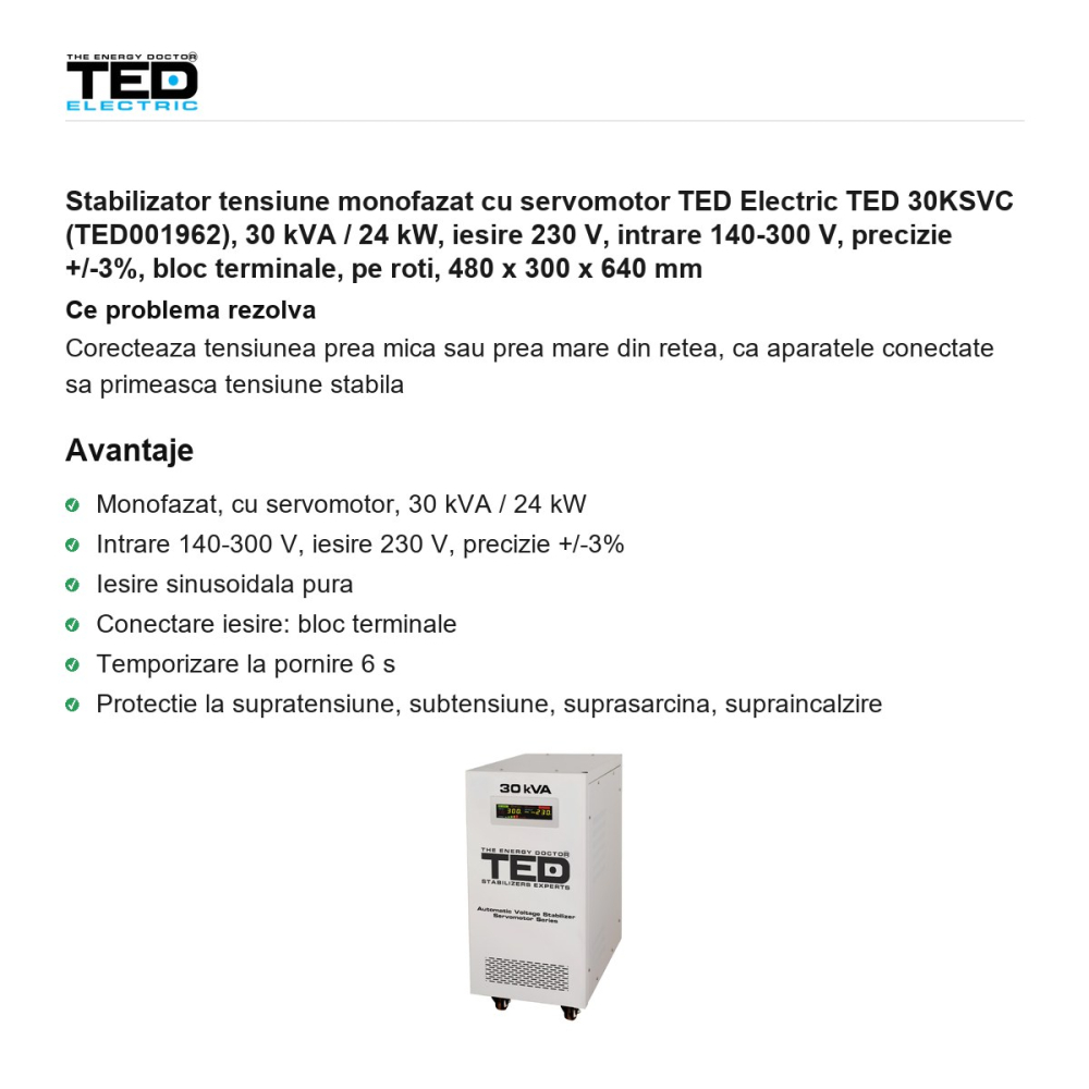Stabilizator tensiune monofazat cu servomotor TED Electric TED 30KSVC (TED001962), 30 kVA / 24 kW, iesire 230 V, intrare 140-300 V, precizie +/-3%, bloc terminale, pe roti, 480 x 300 x 640 mm [2]