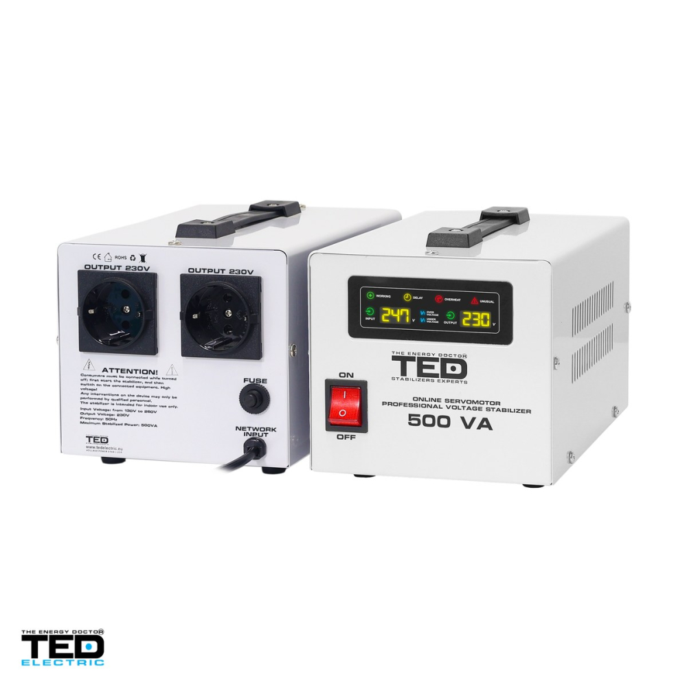 Stabilizator tensiune monofazat cu servomotor TED Electric TED 500SVC (TED004680), 500 VA / 300 W, iesire 230 V, intrare 130-260 V, precizie +/-3%, 2 prize Schuko, afisaj LCD, 228 x 147 x 130 mm [4]