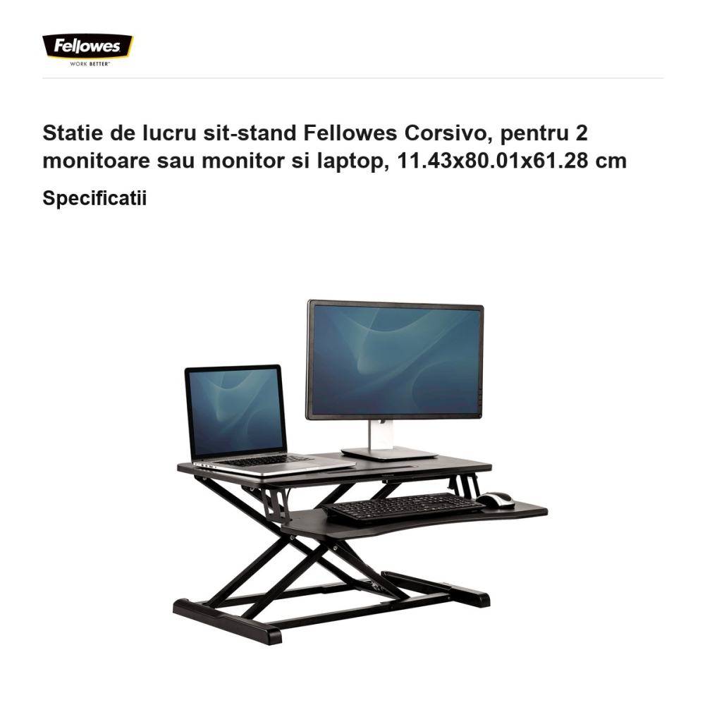 Statie de lucru sit-stand Fellowes Corsivo, pentru 2 monitoare sau monitor si laptop, 11.43x80.01x61.28 cm [3]