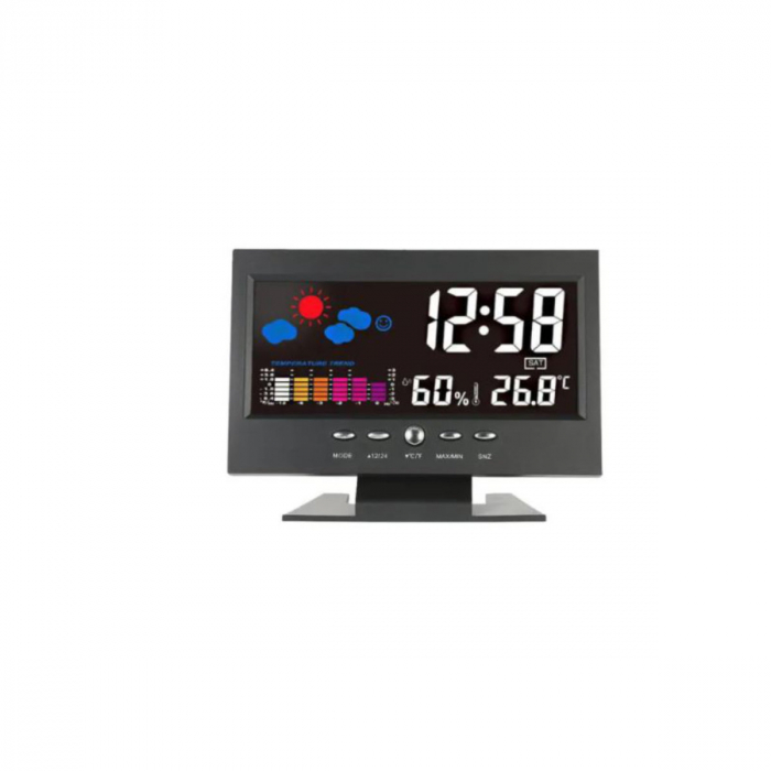 Statie meteo de interior cu ceas si alarma, 8082T, afisare ora, data, temperatura, umiditate, LCD color, neagra [1]