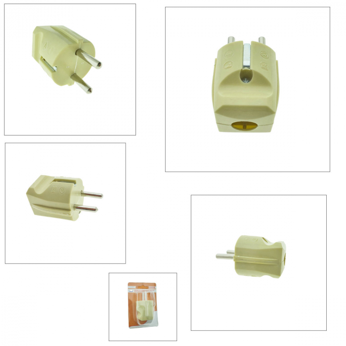 Stecher demontabil schuko, cu impamantare, 220V, 16A, cu iesire dreapta, din ebonita, bej [5]