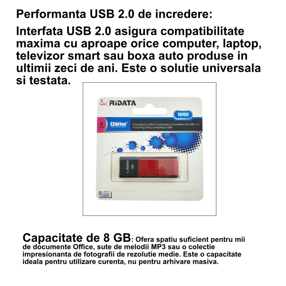 Stick USB 2.0 RiDATA, 8 GB, Stocare Portabila, Transfer Date, Backup, Conector Retractabil Fara Capac, Rosu [3]