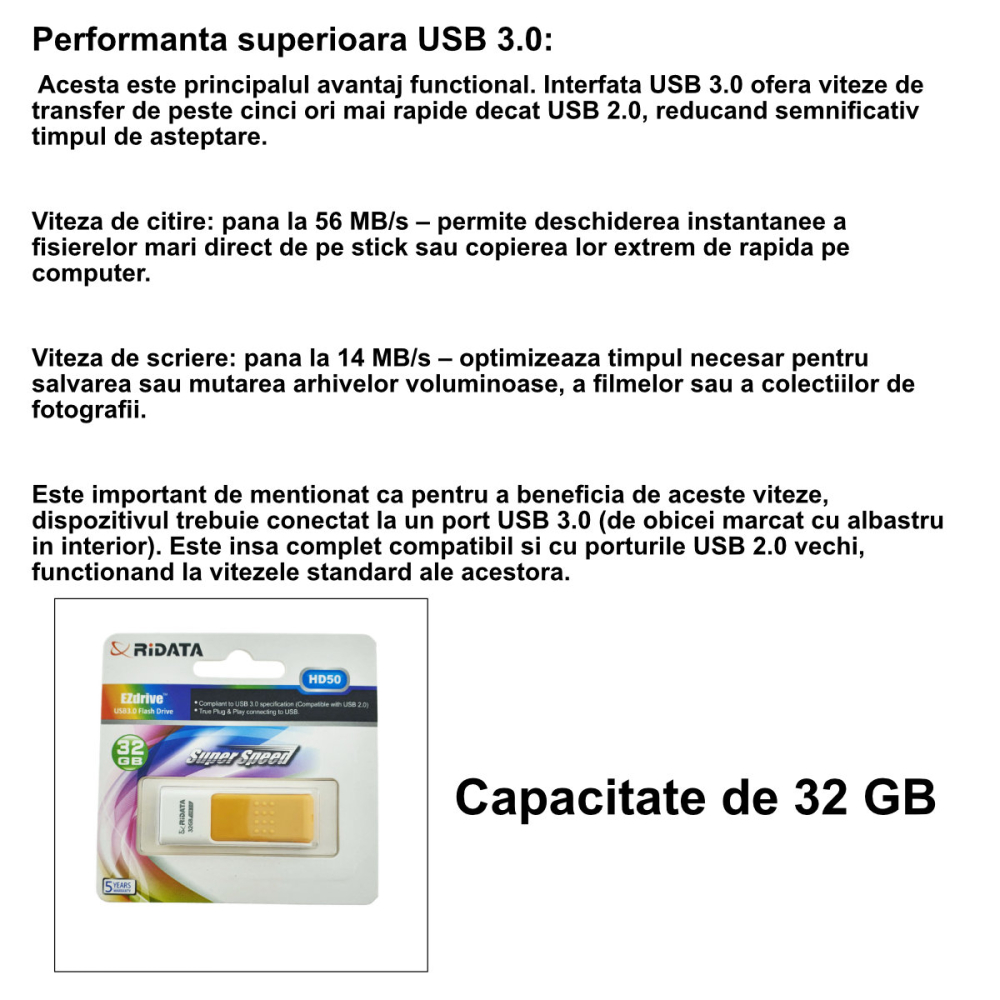 Stick USB 3.0 RiDATA, 32 GB, Transfer Rapid, Backup, Filme, Conector Retractabil Portocaliu [3]
