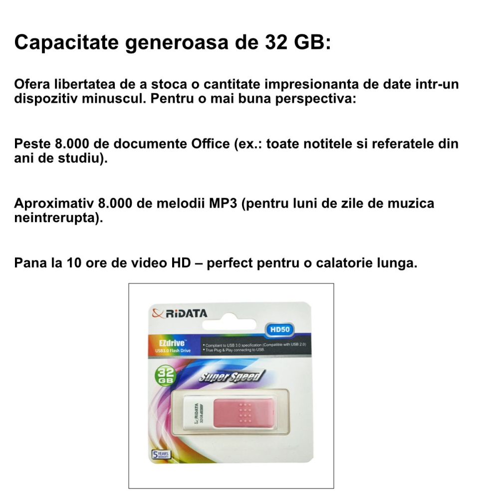 Stick USB 3.0 RiDATA, 32 GB, Transfer Rapid, Stocare Documente, Media, Conector Retractabil Roz [2]
