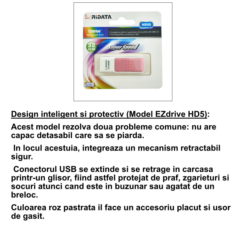 Stick USB 3.0 RiDATA, 32 GB, Transfer Rapid, Stocare Documente, Media, Conector Retractabil Roz [3]