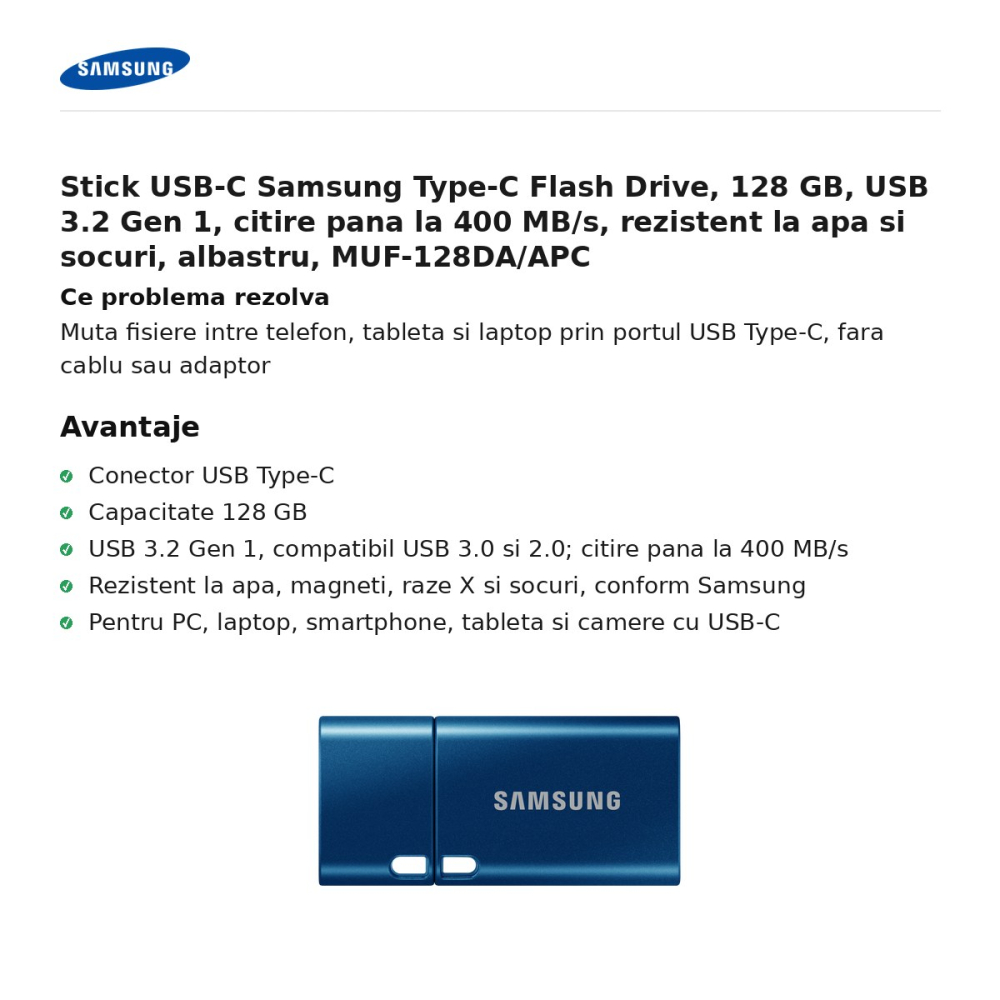 Stick USB-C Samsung Type-C Flash Drive, 128 GB, USB 3.2 Gen 1, citire pana la 400 MB/s, rezistent la apa si socuri, albastru, MUF-128DA/APC [2]