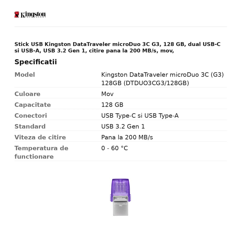 Stick USB Kingston DataTraveler microDuo 3C G3, 128 GB, dual USB-C si USB-A, USB 3.2 Gen 1, citire pana la 200 MB/s, mov, DTDUO3CG3/128GB [3]