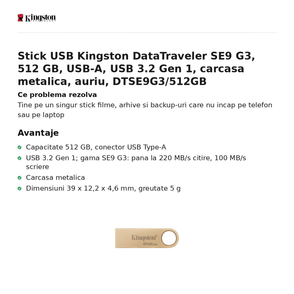 Stick USB Kingston DataTraveler SE9 G3, 512 GB, USB-A, USB 3.2 Gen 1, carcasa metalica, auriu, DTSE9G3/512GB [2]