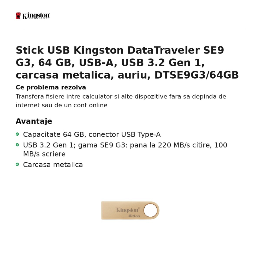 Stick USB Kingston DataTraveler SE9 G3, 64 GB, USB-A, USB 3.2 Gen 1, carcasa metalica, auriu, DTSE9G3/64GB [2]