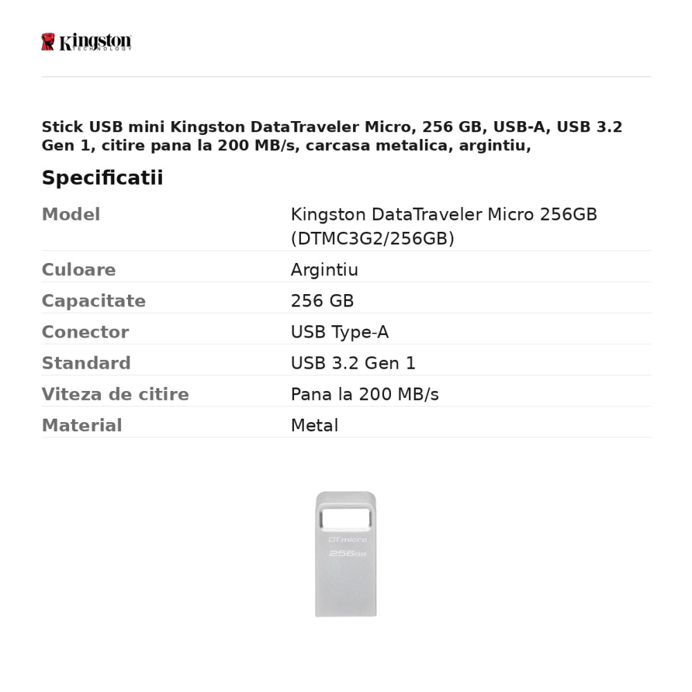 Stick USB mini Kingston DataTraveler Micro, 256 GB, USB-A, USB 3.2 Gen 1, citire pana la 200 MB/s, carcasa metalica, argintiu, DTMC3G2/256GB [3]