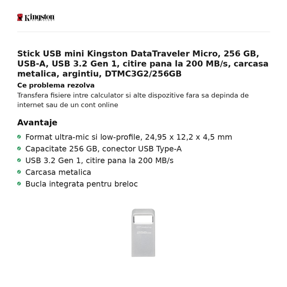 Stick USB mini Kingston DataTraveler Micro, 256 GB, USB-A, USB 3.2 Gen 1, citire pana la 200 MB/s, carcasa metalica, argintiu, DTMC3G2/256GB [2]