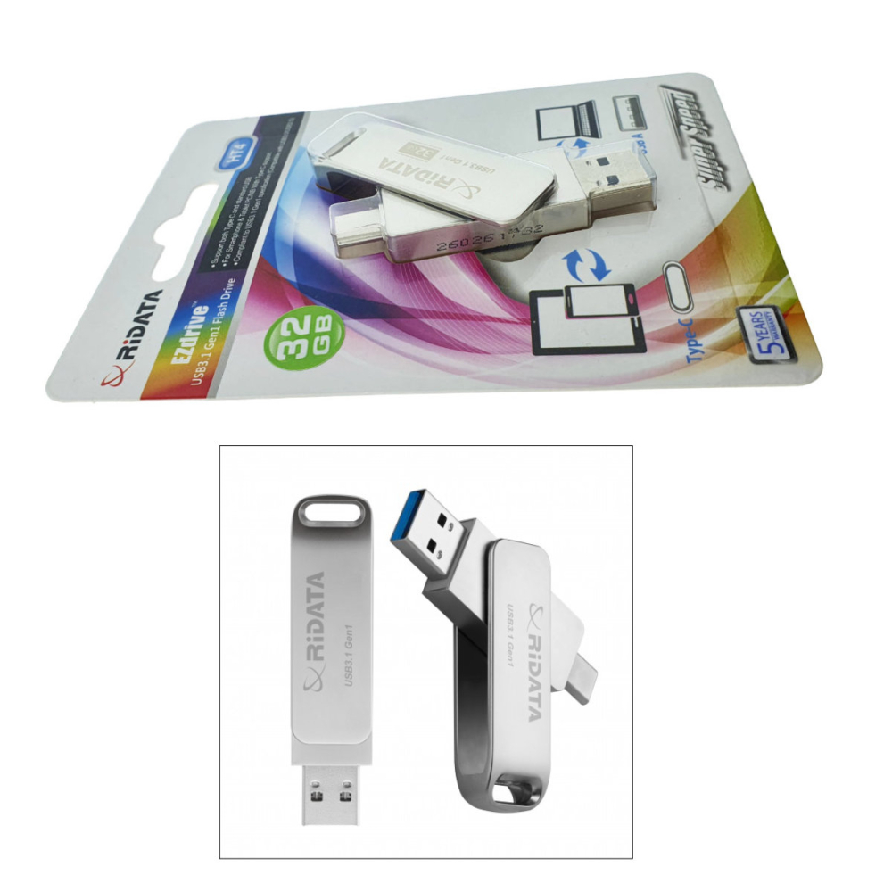 Stick USB OTG 32GB Dual USB-C si USB-A Viteza 5Gbps, RiDATA HT4, pentru Telefon, Tableta, PC, Metalic Silver [2]