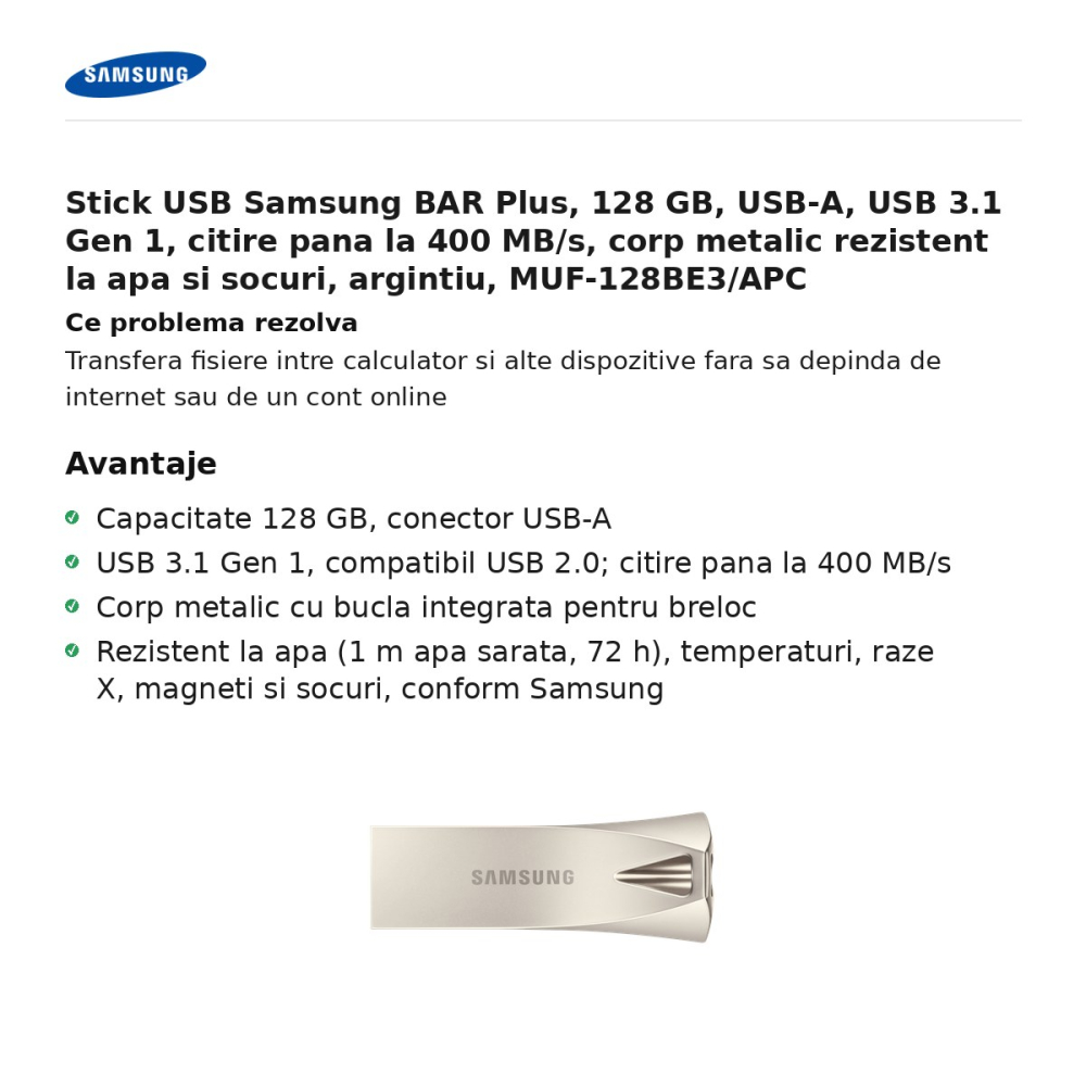 Stick USB Samsung BAR Plus, 128 GB, USB-A, USB 3.1 Gen 1, citire pana la 400 MB/s, corp metalic rezistent la apa si socuri, argintiu, MUF-128BE3/APC [2]