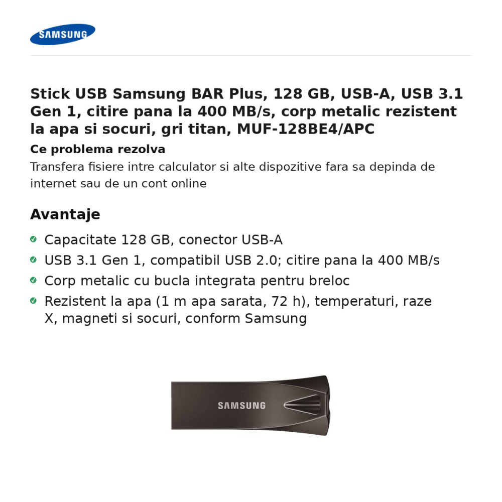Stick USB Samsung BAR Plus, 128 GB, USB-A, USB 3.1 Gen 1, citire pana la 400 MB/s, corp metalic rezistent la apa si socuri, gri titan, MUF-128BE4/APC [2]