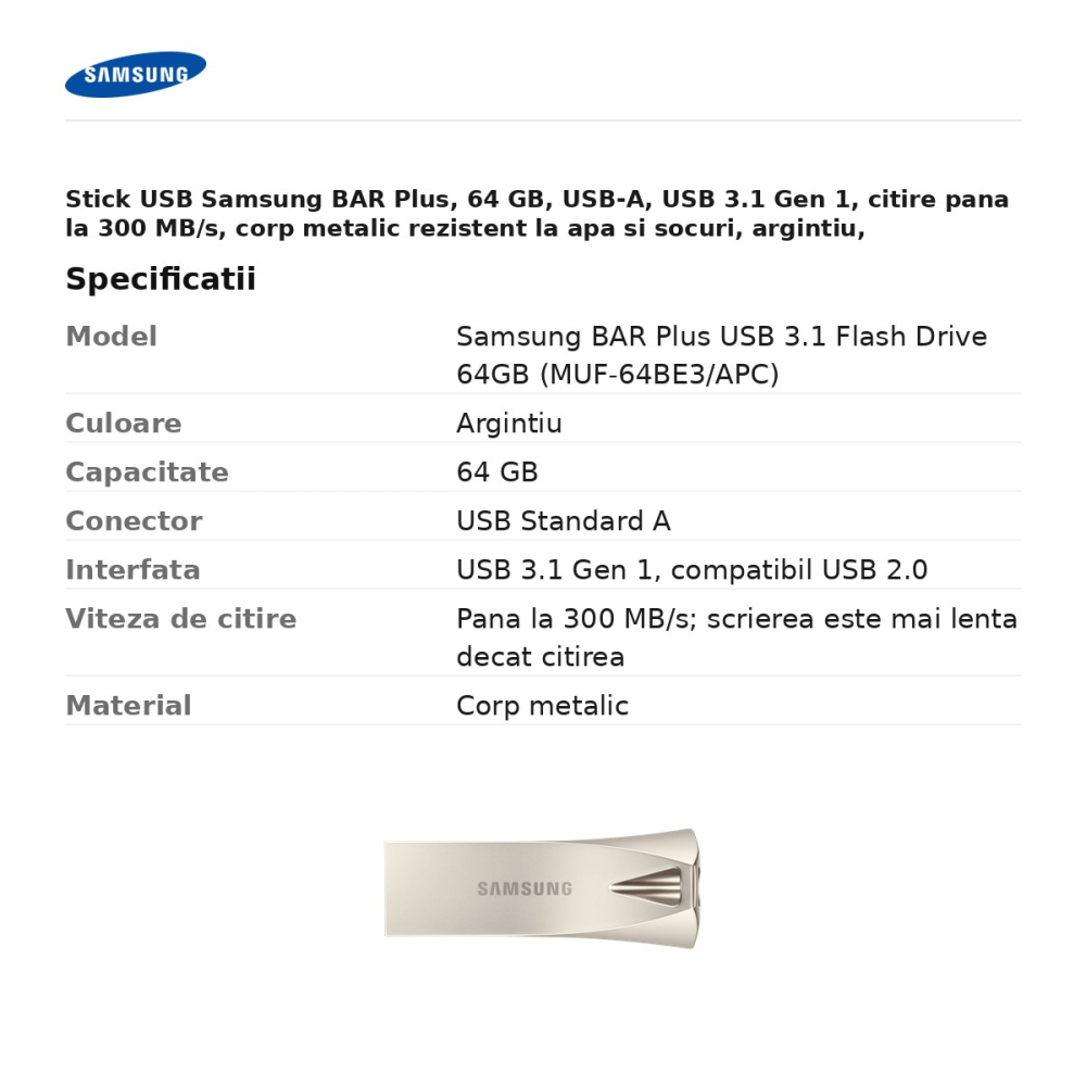 Stick USB Samsung BAR Plus, 64 GB, USB-A, USB 3.1 Gen 1, citire pana la 300 MB/s, corp metalic rezistent la apa si socuri, argintiu, MUF-64BE3/APC [3]