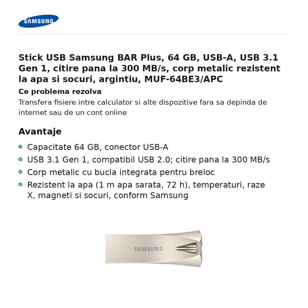 Stick USB Samsung BAR Plus, 64 GB, USB-A, USB 3.1 Gen 1, citire pana la 300 MB/s, corp metalic rezistent la apa si socuri, argintiu, MUF-64BE3/APC [2]