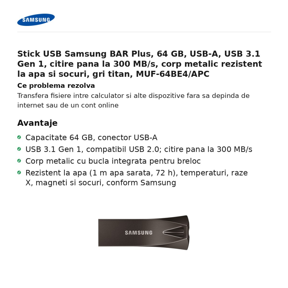 Stick USB Samsung BAR Plus, 64 GB, USB-A, USB 3.1 Gen 1, citire pana la 300 MB/s, corp metalic rezistent la apa si socuri, gri titan, MUF-64BE4/APC [2]