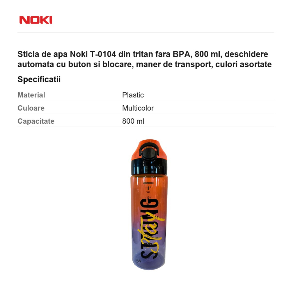 Sticla de apa Noki T-0104 din tritan fara BPA, 800 ml, deschidere automata cu buton si blocare, maner de transport, culori asortate [3]