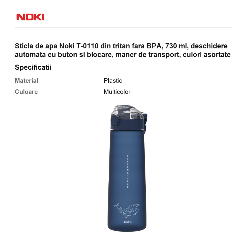 Sticla de apa Noki T-0110 din tritan fara BPA, 730 ml, deschidere automata cu buton si blocare, maner de transport, culori asortate [3]
