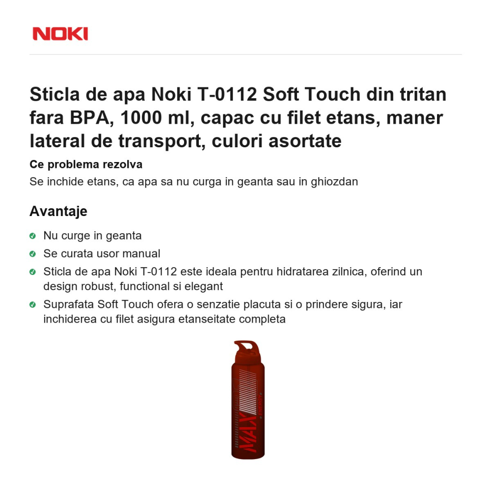 Sticla de apa Noki T-0112 Soft Touch din tritan fara BPA, 1000 ml, capac cu filet etans, maner lateral de transport, culori asortate [2]