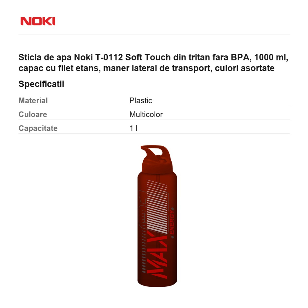 Sticla de apa Noki T-0112 Soft Touch din tritan fara BPA, 1000 ml, capac cu filet etans, maner lateral de transport, culori asortate [3]