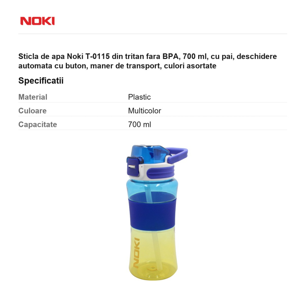 Sticla de apa Noki T-0115 din tritan fara BPA, 700 ml, cu pai, deschidere automata cu buton, maner de transport, culori asortate [3]