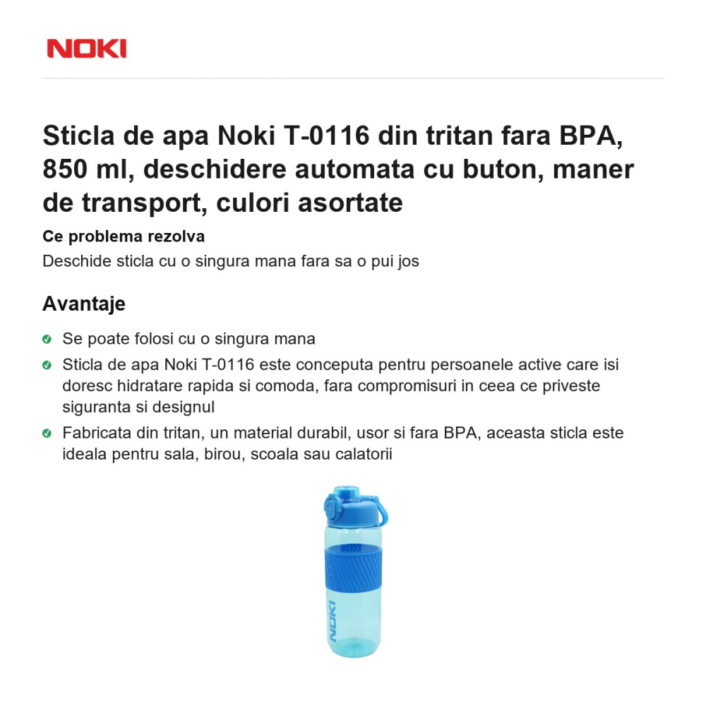 Sticla de apa Noki T-0116 din tritan fara BPA, 850 ml, deschidere automata cu buton, maner de transport, culori asortate [2]