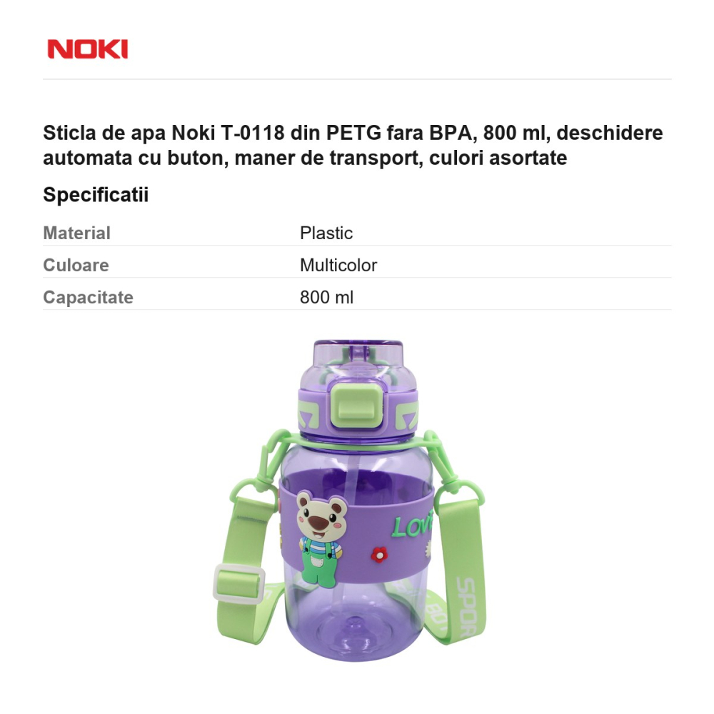 Sticla de apa Noki T-0118 din PETG fara BPA, 800 ml, deschidere automata cu buton, maner de transport, culori asortate [3]