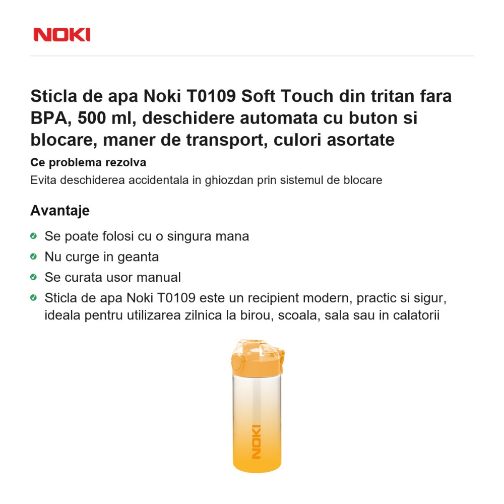 Sticla de apa Noki T0109 Soft Touch din tritan fara BPA, 500 ml, deschidere automata cu buton si blocare, maner de transport, culori asortate [2]