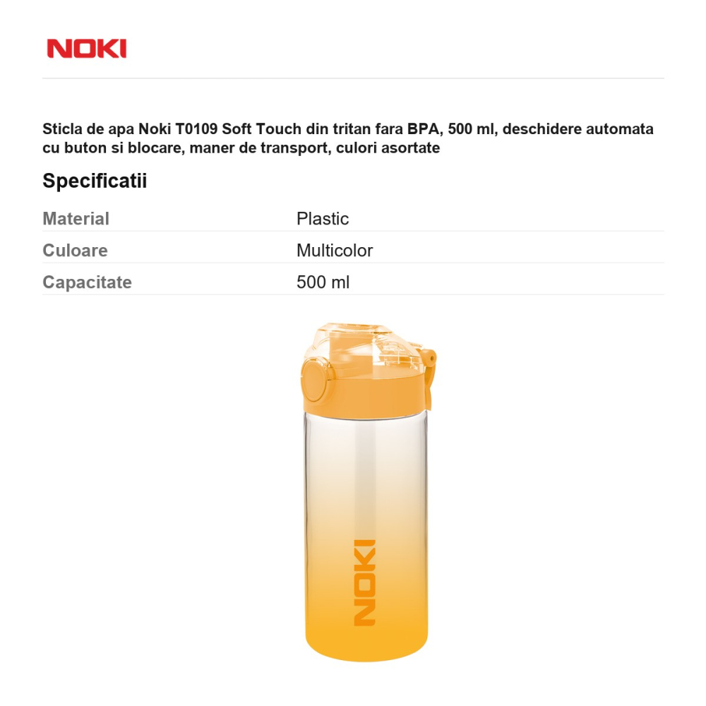 Sticla de apa Noki T0109 Soft Touch din tritan fara BPA, 500 ml, deschidere automata cu buton si blocare, maner de transport, culori asortate [3]