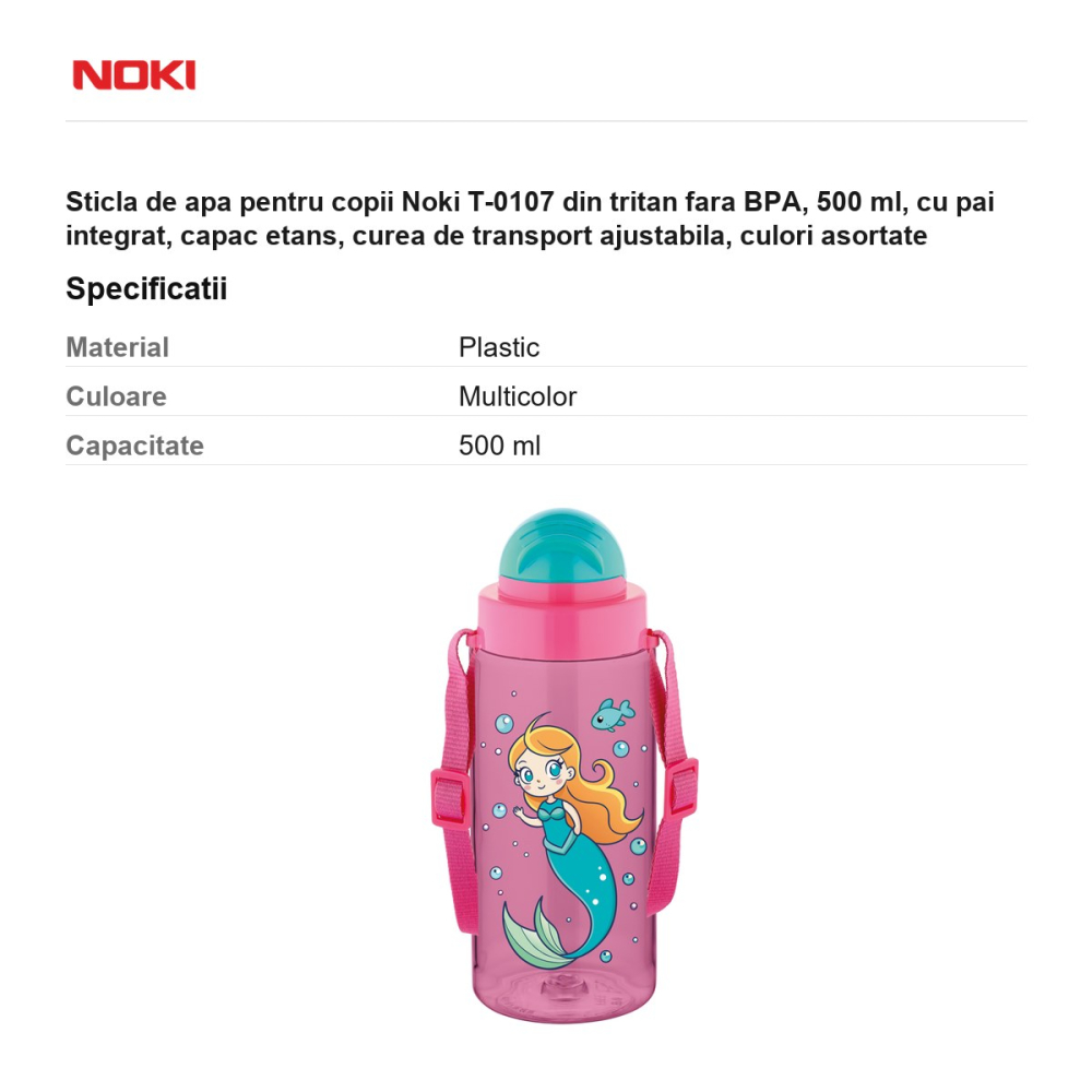 Sticla de apa pentru copii Noki T-0107 din tritan fara BPA, 500 ml, cu pai integrat, capac etans, curea de transport ajustabila, culori asortate [3]