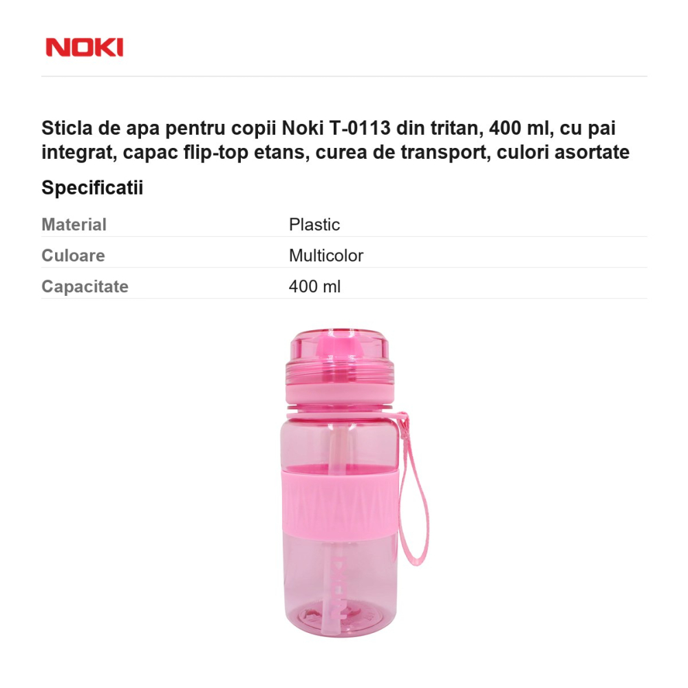 Sticla de apa pentru copii Noki T-0113 din tritan, 400 ml, cu pai integrat, capac flip-top etans, curea de transport, culori asortate [3]