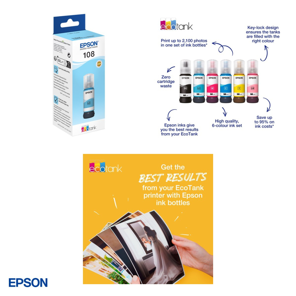Sticla de cerneala Epson 108 EcoTank, 70 ml, cerneala dye, randament 7.200 pagini, pentru L8050 si L18050, cyan deschis (Light Cyan), C13T09C54A [4]