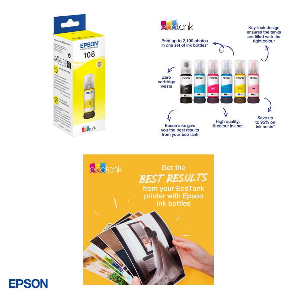 Sticla de cerneala Epson 108 EcoTank, 70 ml, cerneala dye, randament 7.200 pagini, pentru L8050 si L18050, galben, C13T09C44A [4]