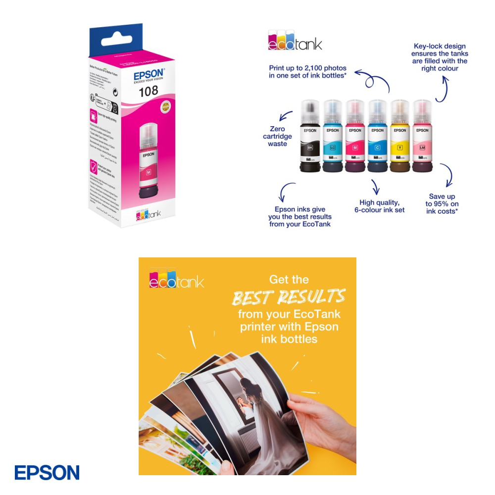 Sticla de cerneala Epson 108 EcoTank, 70 ml, cerneala dye, randament 7.200 pagini, pentru L8050 si L18050, magenta, C13T09C34A [4]