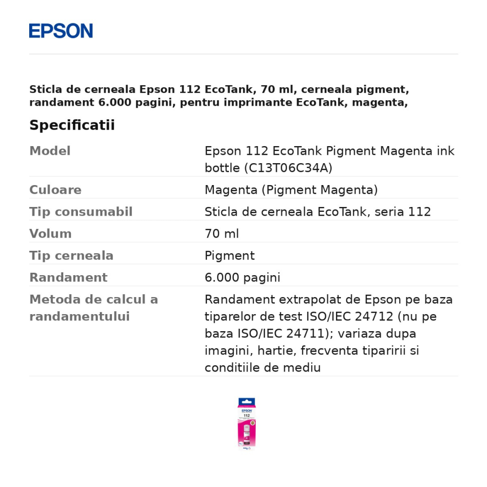 Sticla de cerneala Epson 112 EcoTank, 70 ml, cerneala pigment, randament 6.000 pagini, pentru imprimante EcoTank, magenta, C13T06C34A [3]