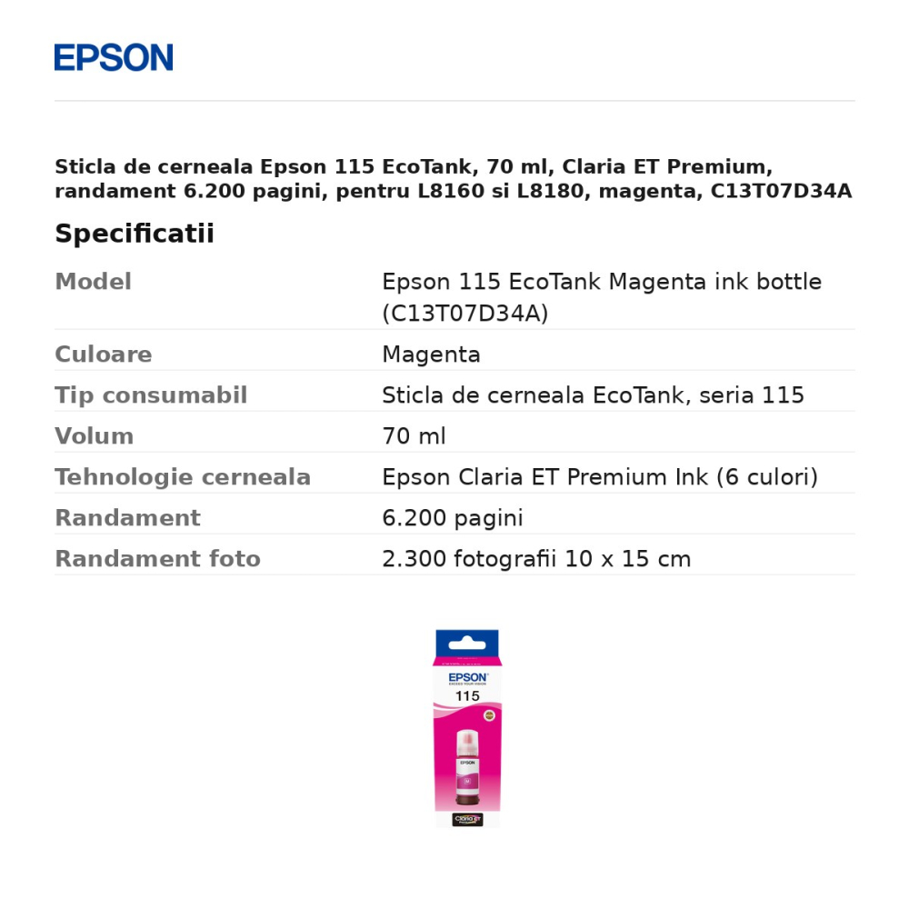 Sticla de cerneala Epson 115 EcoTank, 70 ml, Claria ET Premium, randament 6.200 pagini, pentru L8160 si L8180, magenta, C13T07D34A [3]