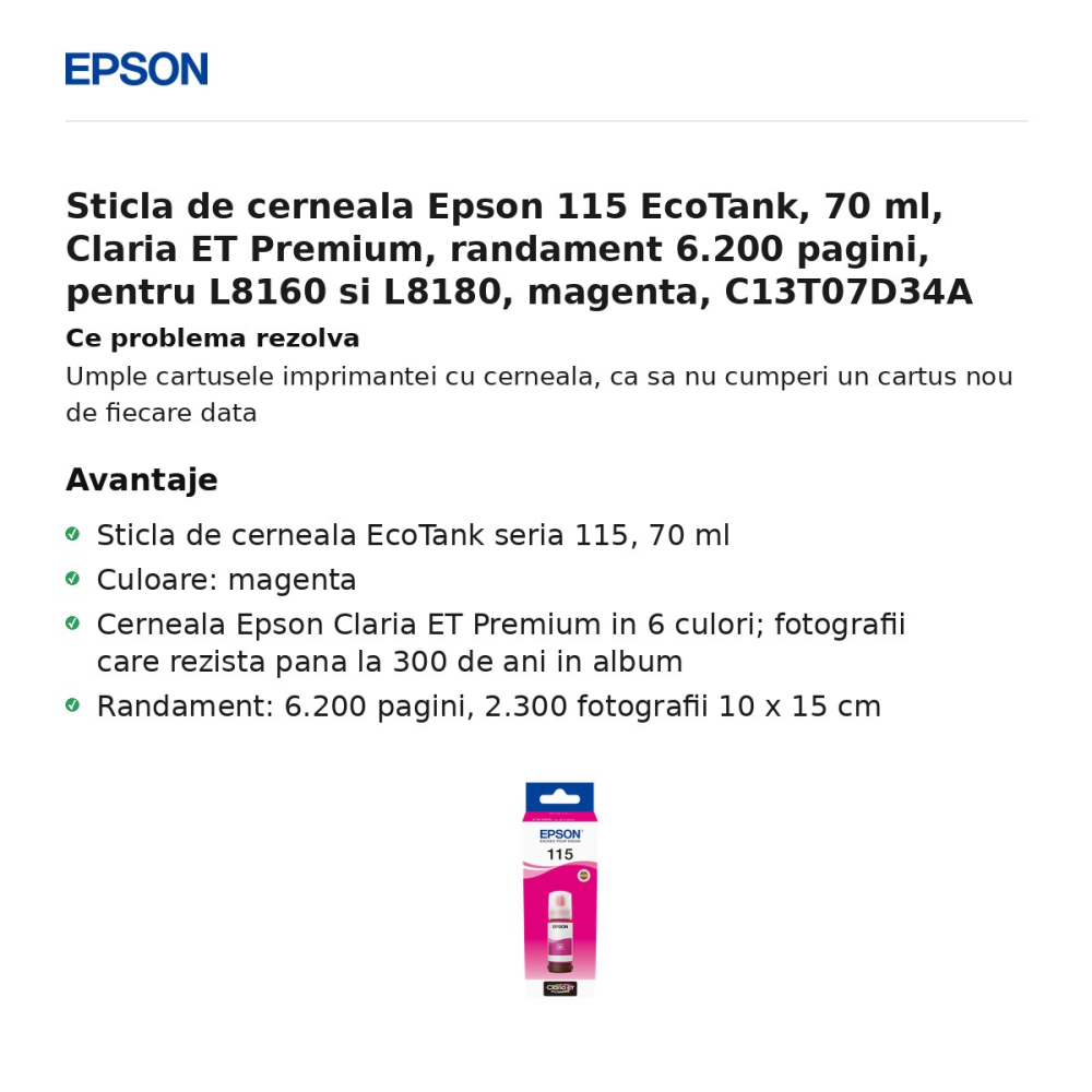 Sticla de cerneala Epson 115 EcoTank, 70 ml, Claria ET Premium, randament 6.200 pagini, pentru L8160 si L8180, magenta, C13T07D34A [2]