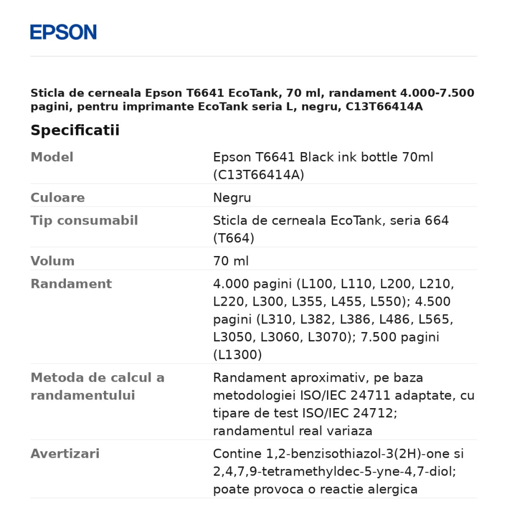 Sticla de cerneala Epson T6641 EcoTank, 70 ml, randament 4.000-7.500 pagini, pentru imprimante EcoTank seria L, negru, C13T66414A [3]