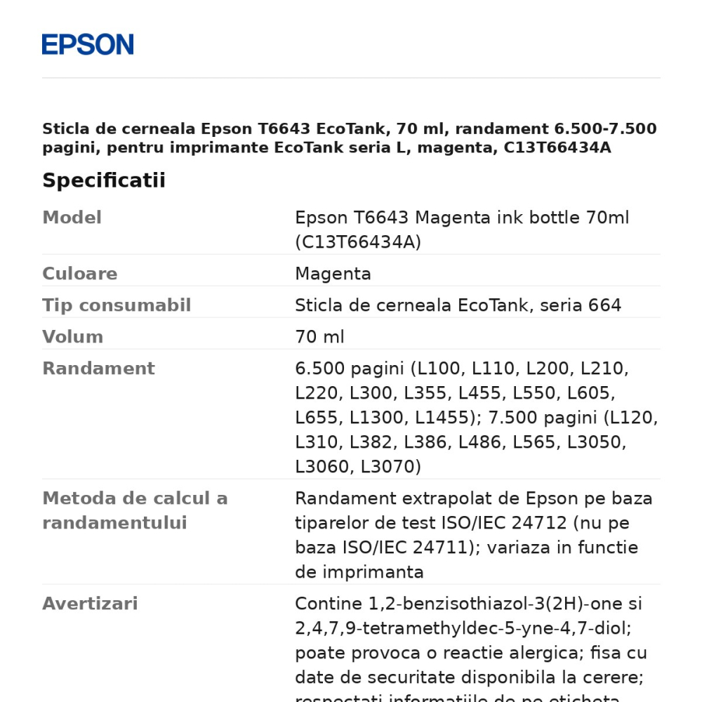 Sticla de cerneala Epson T6643 EcoTank, 70 ml, randament 6.500-7.500 pagini, pentru imprimante EcoTank seria L, magenta, C13T66434A [3]