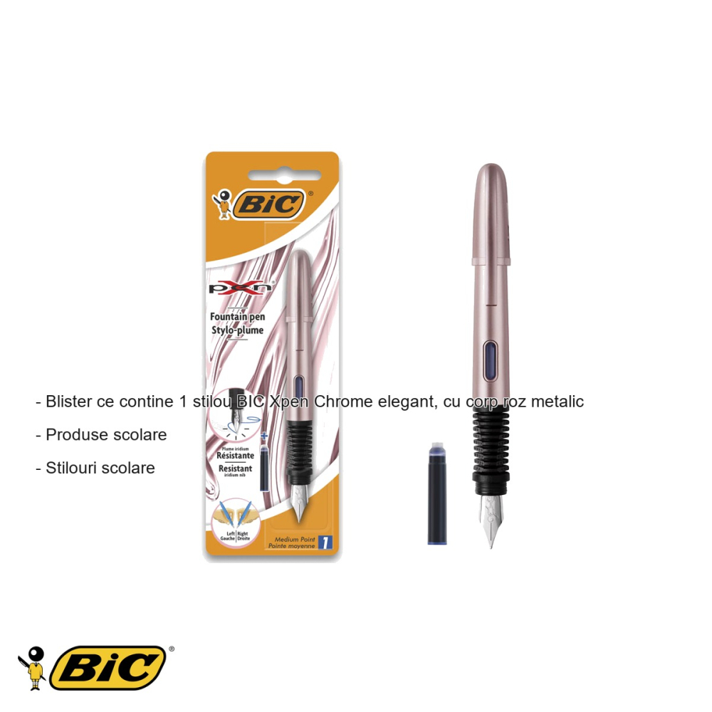 Stilou Bic Xpen Chrome roz metalic, penita din iridiu, reincarcabil, pentru scoala si birou [2]