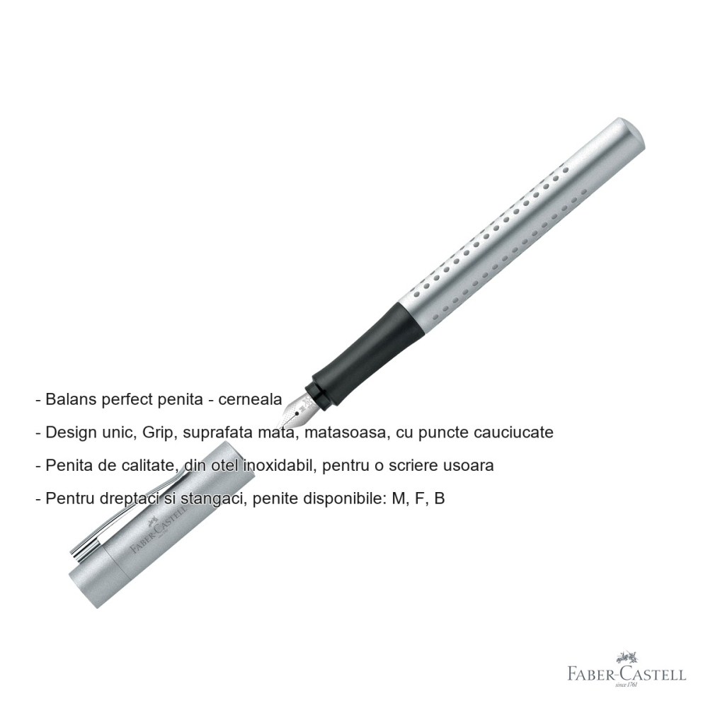Stilou Faber-Castell Grip 2011 argintiu, penita M din otel inoxidabil, pentru dreptaci si stangaci [2]