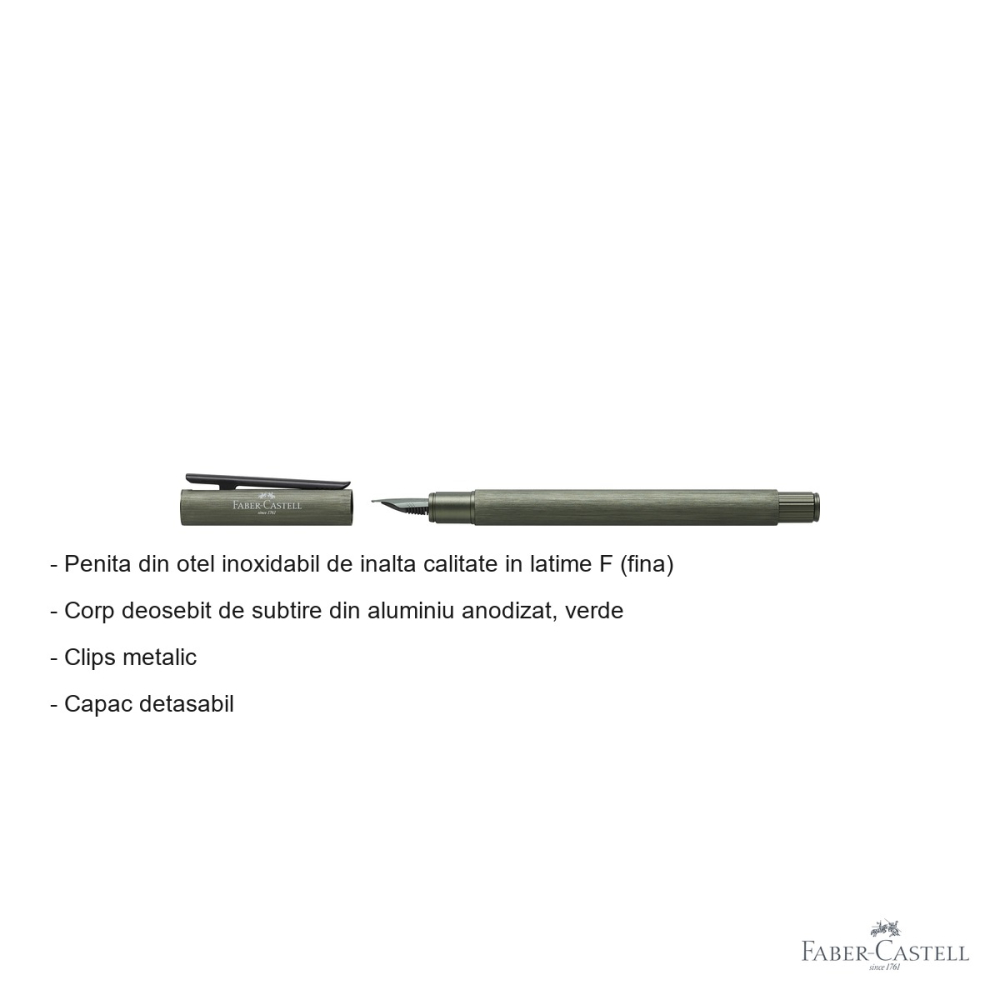 Stilou Faber-Castell Neo Slim, corp subtire din aluminiu anodizat verde, penita fina din otel inoxidabil [2]