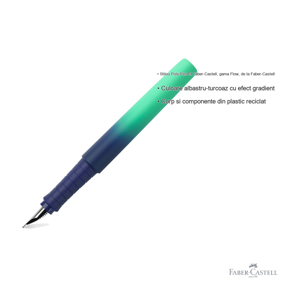 Stilou Faber-Castell Poly Pen Flow, varf M, culoare albastru-turcoaz, corp din plastic reciclat, scriere lina si precisa [3]