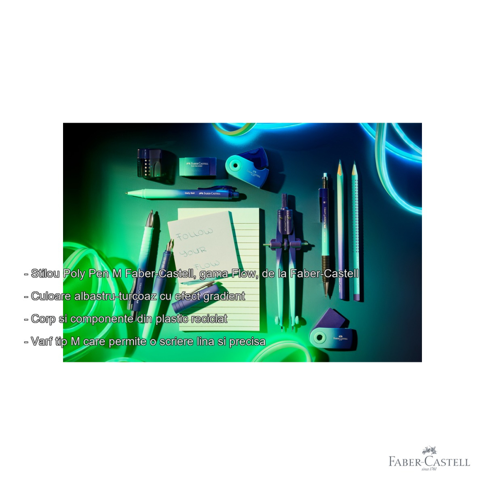Stilou Faber-Castell Poly Pen Flow, varf M, culoare albastru-turcoaz, corp din plastic reciclat, scriere lina si precisa [2]