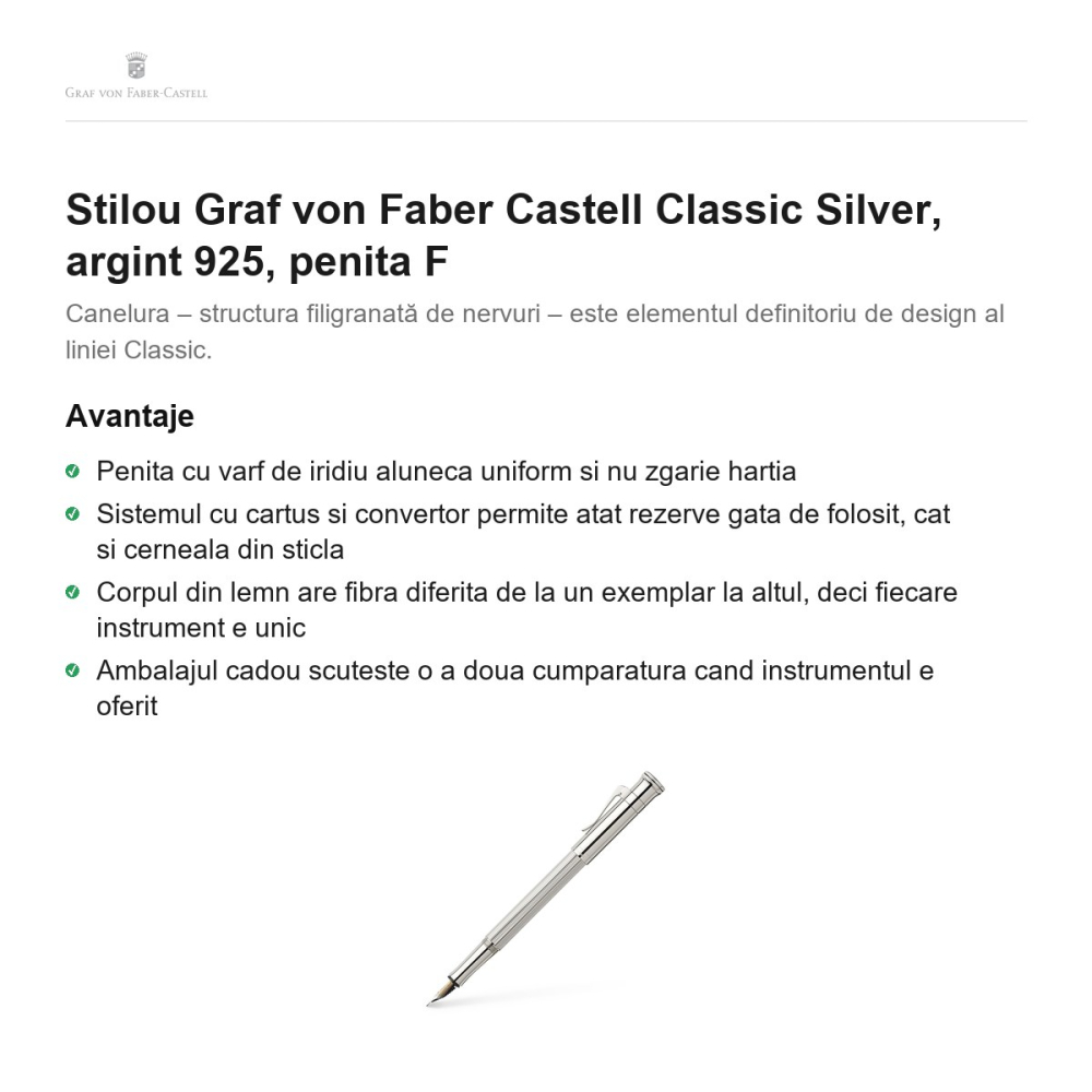 Stilou Graf von Faber Castell Classic Silver, argint 925, penita F [2]