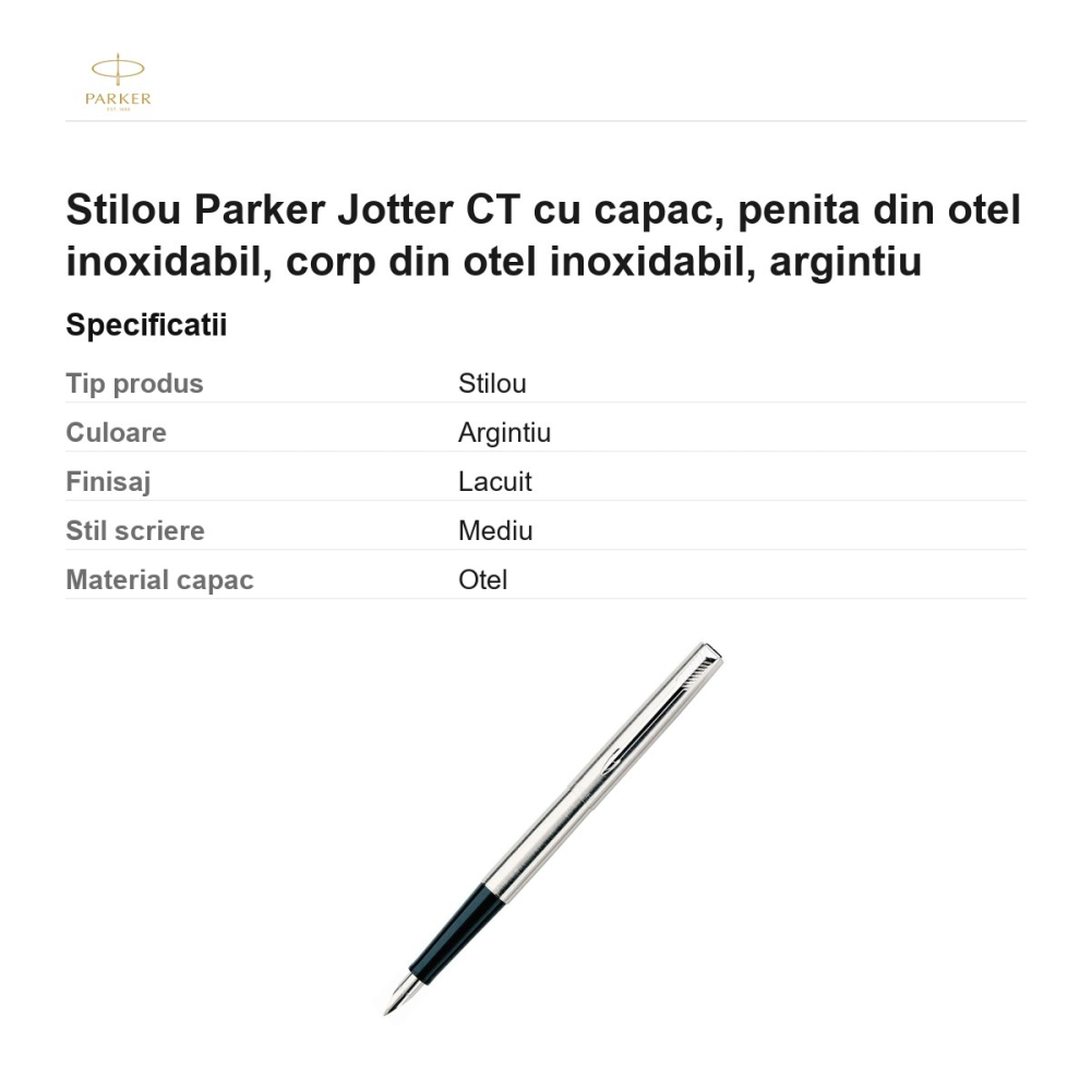 Stilou Parker Jotter CT cu capac, penita din otel inoxidabil, corp din otel inoxidabil, argintiu [3]